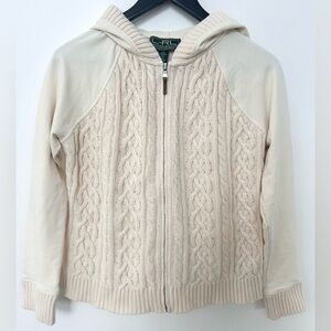 Lauren Ralph Lauren Cable Knit Zip Hoodie Sweater Women Medium Cream
